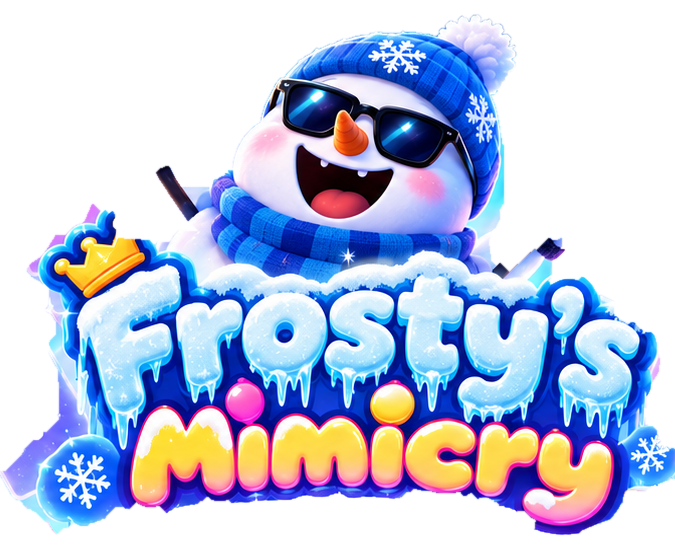 Frosty’s Mimicry: bubbly icy letters, dripping icicles, and a grinning snowman in sunglasses and a blue beanie.
